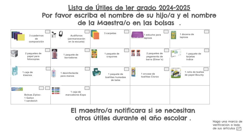 Spanish 1st Grade Supply List 24-25