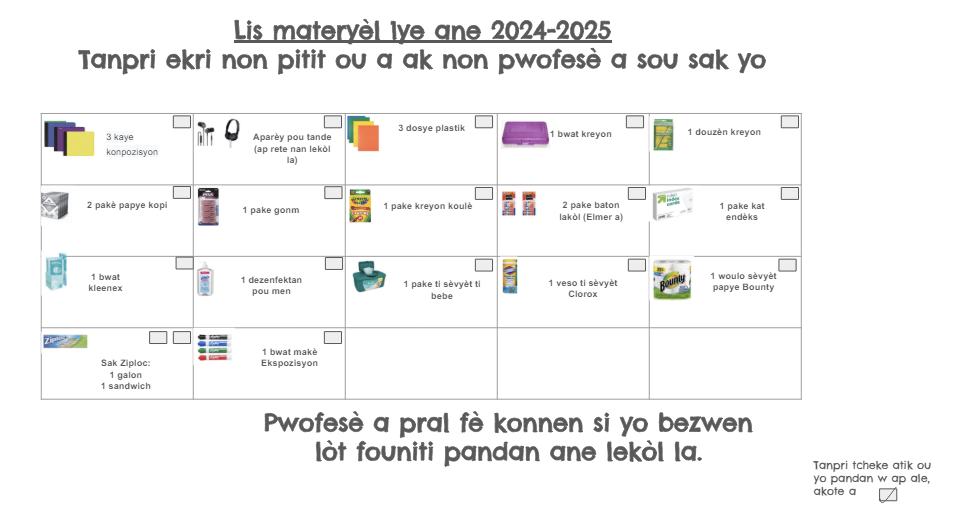 Haitian Translation 1st Grade supply list 24-25
