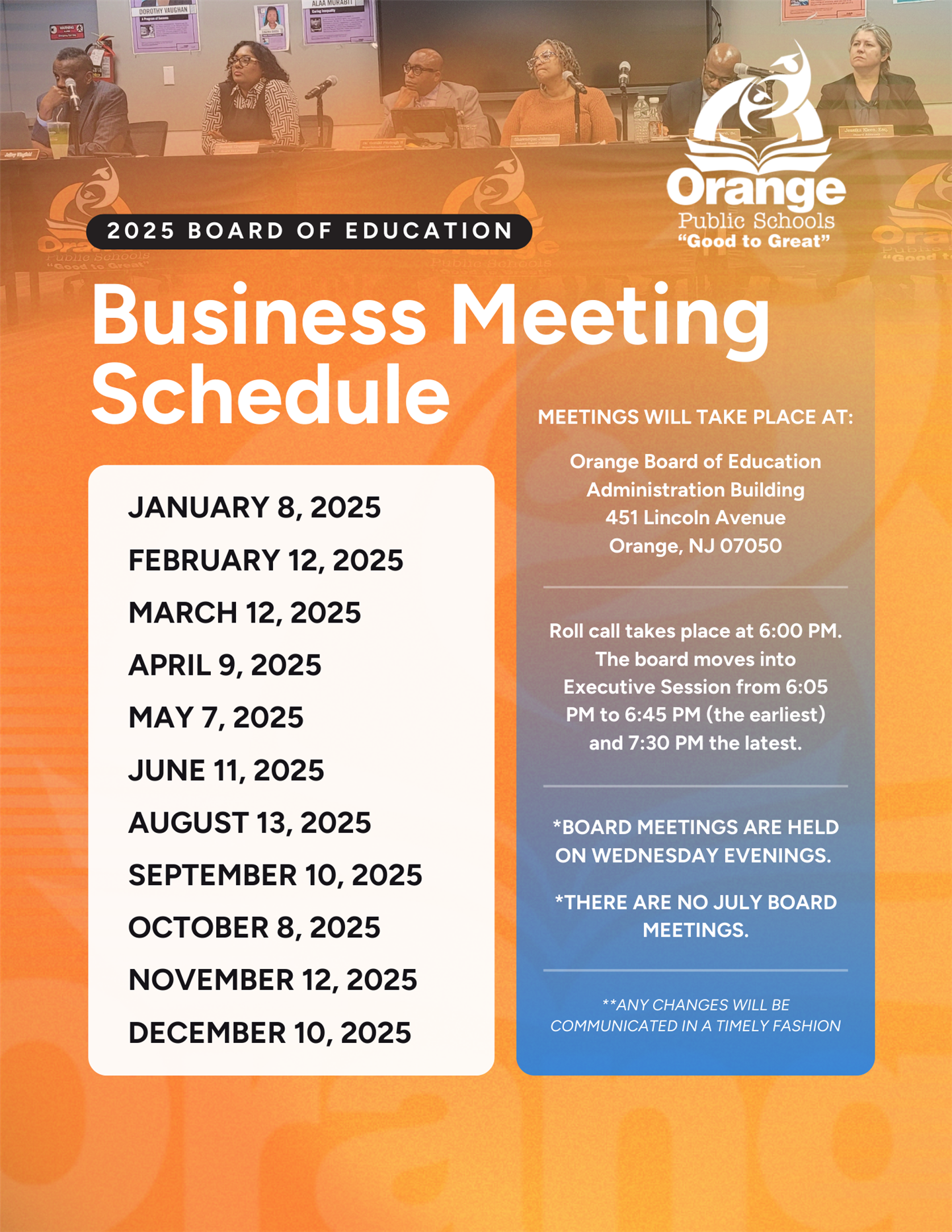 Orange Public Schools 2025 Board of Education Meeting Schedule