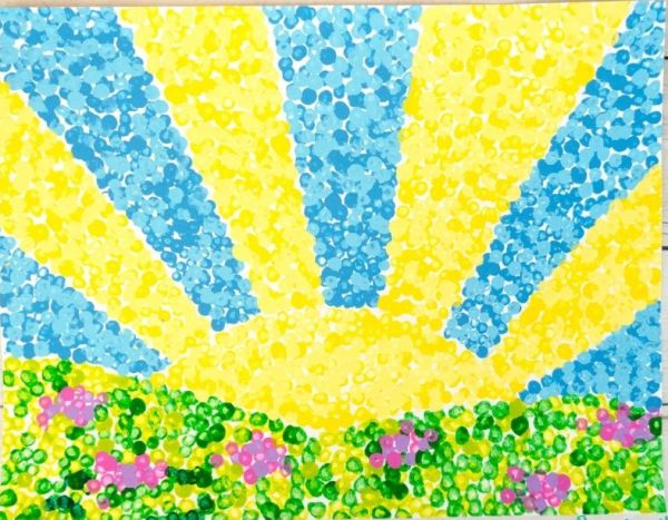 A dot painting of a large yellow sun shining on green hills.