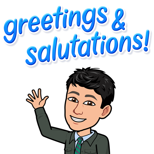 Sticker of animated male teacher saying "Greetings and Salutations!"