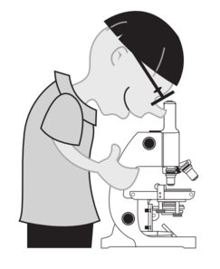 Cartoon student at a Microscope