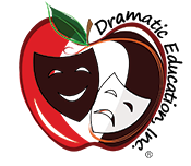 Dramatic Education logo with theater masks on a red apple