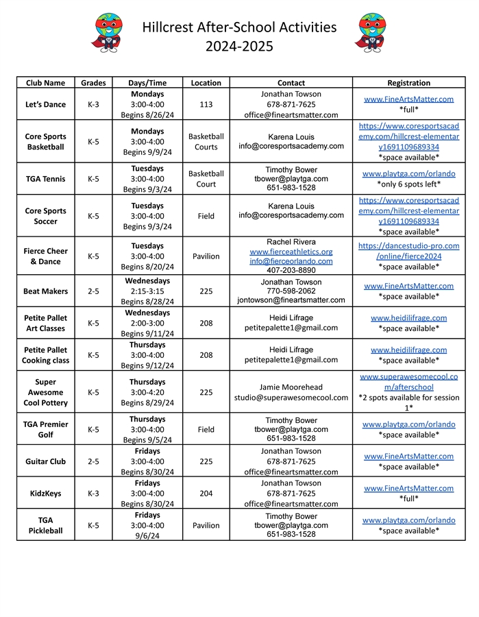 Hillcrest After School Activities