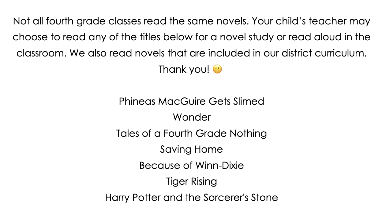 4th Grade Novel List
