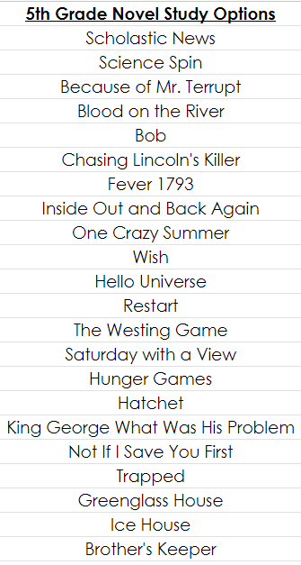 5th Grade Novel Study List