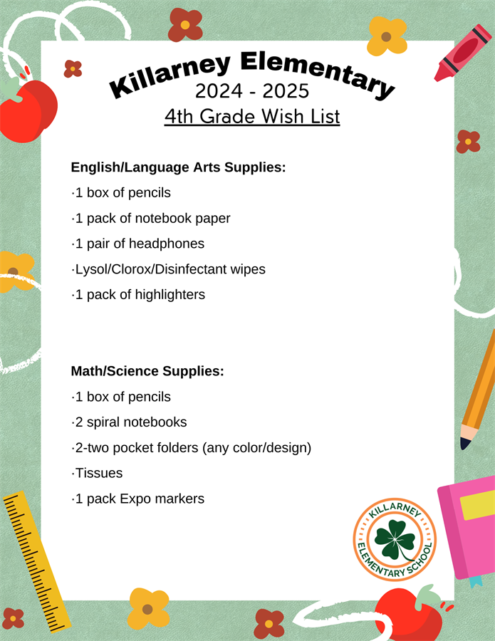 4th grade supply list