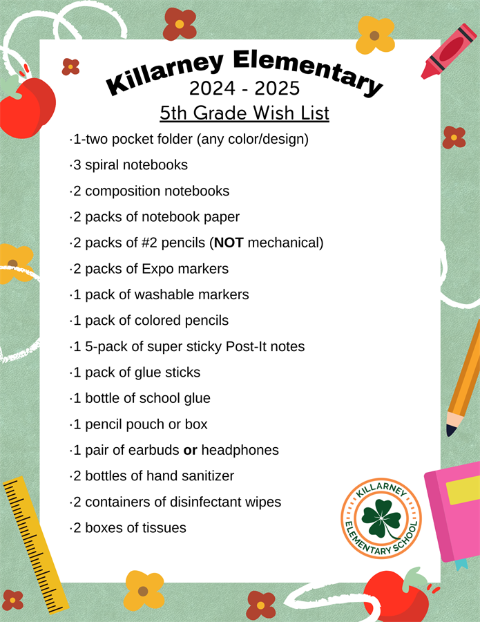 5th grade supply list 