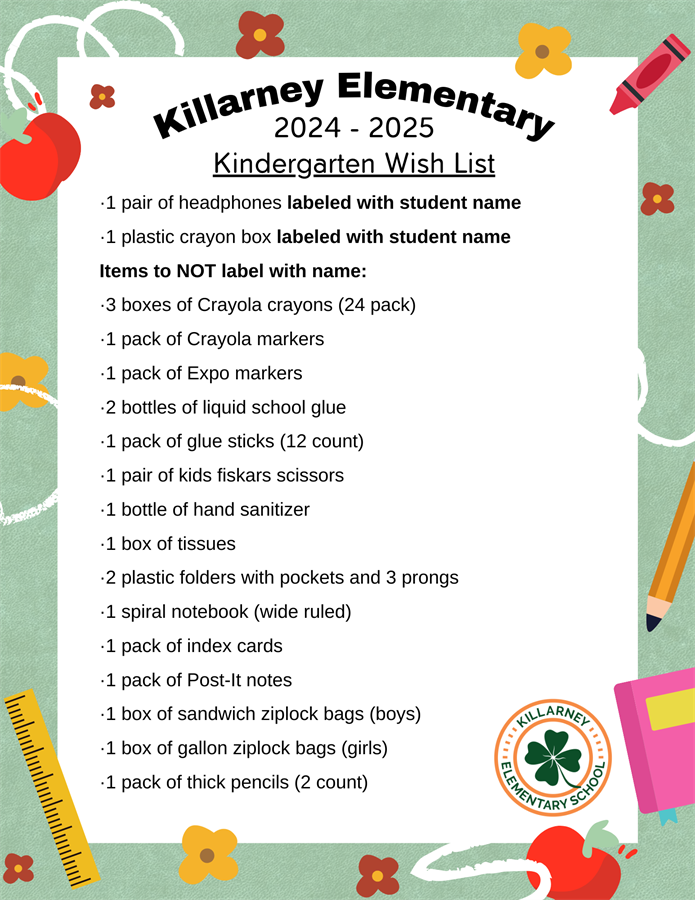 Kindergarten supply list