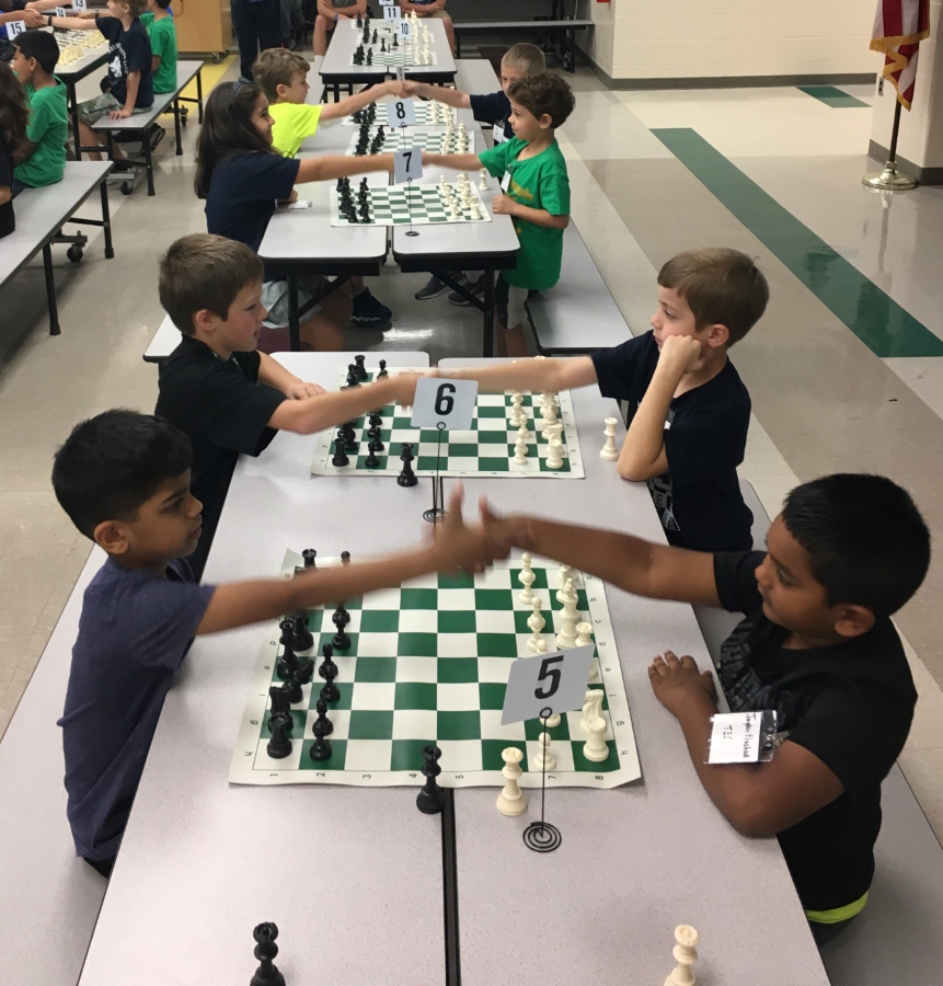Chess players ready to play shaking hands at start of tournament