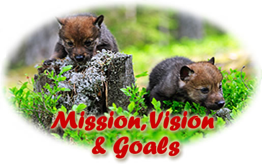 Image of wolf pups with text mission, vision, and goals
