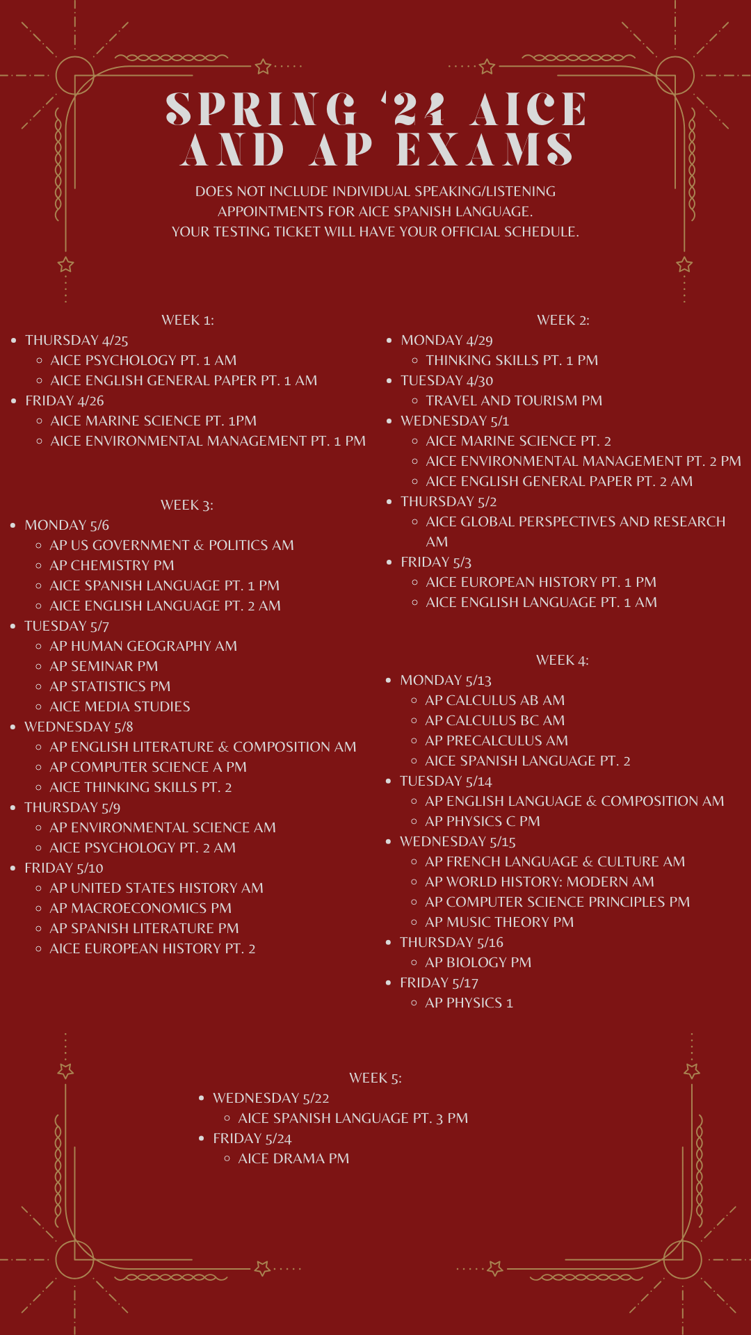 AICE Spring Assessment Calendar