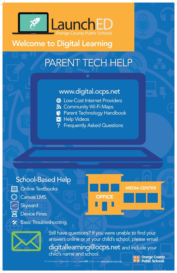 Poster alerting parents that they can get help with technology concerns by visiting digital.ocps.net