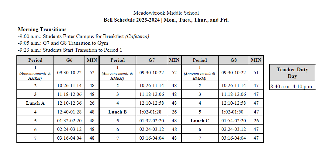 MTTHF Bell Schedule