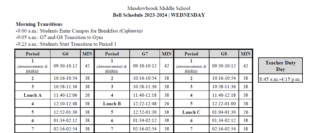 Wednesday Bell Schedule