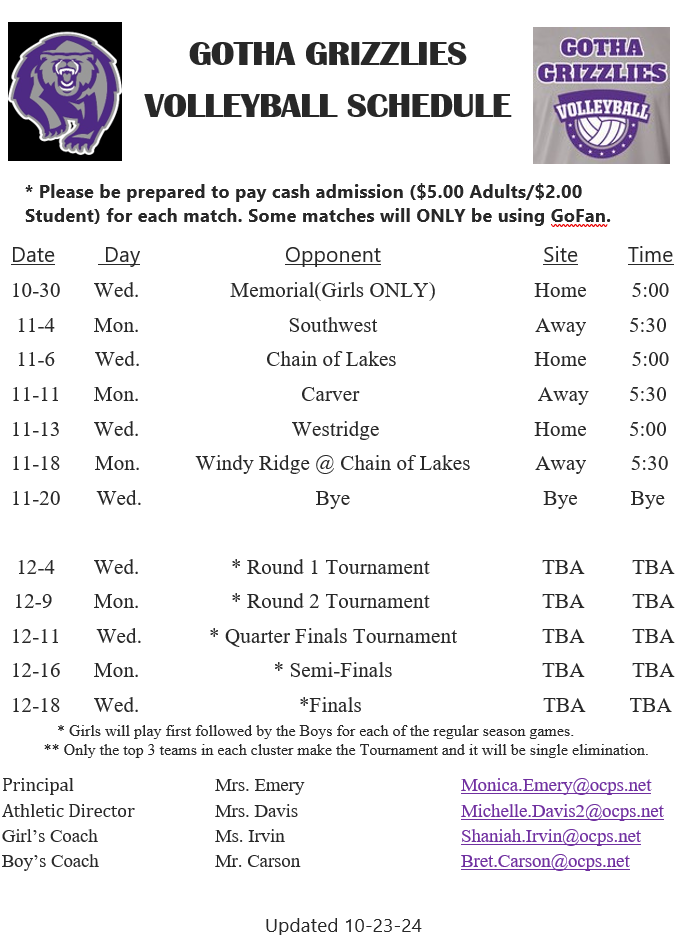 Gotha Volleyball Sched 2024-25