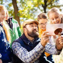 Autumn Cheerful Man Holding A Mushroom While Taking Photos On His Tablet