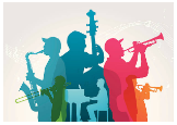 Colorful silhouettes of people playing various instruments