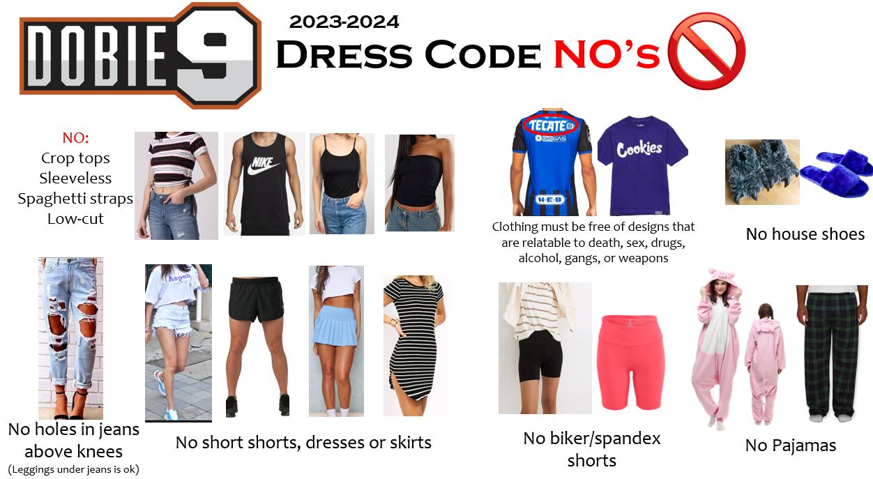 dress code with pictured examples of not allowed items