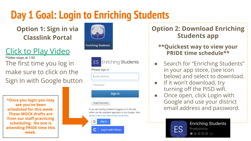 Image of instructions to log in to Enriching Students website