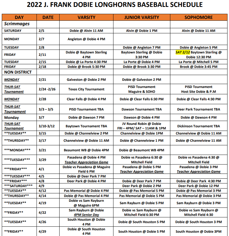 2022 Baseball Schedule