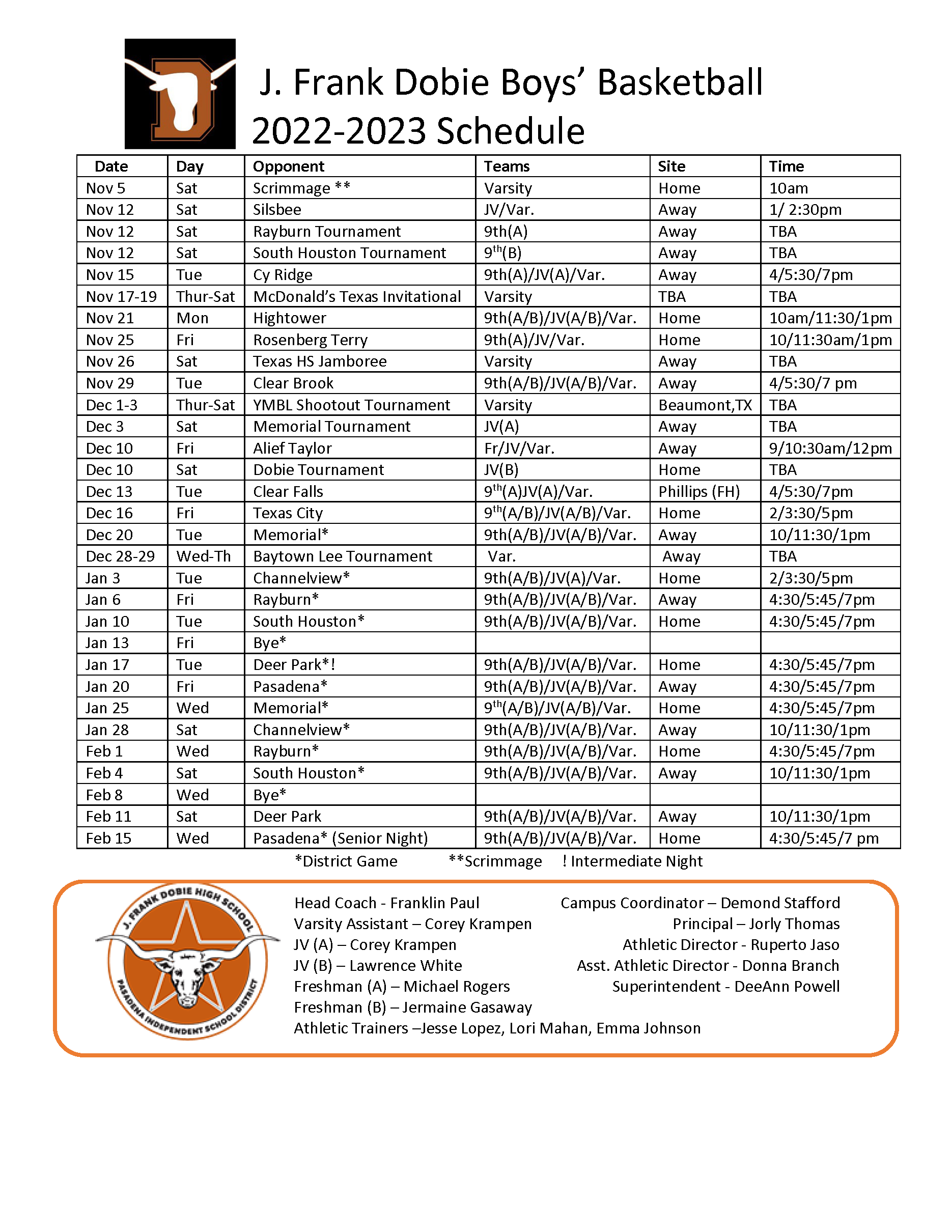 2022-2023 Boys Basketball Schedule