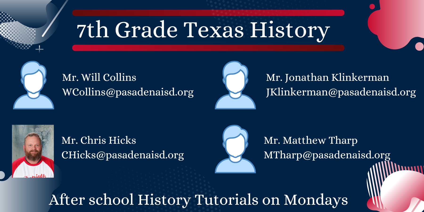 7th Grade Texas History teachers with pictures, names, and contact information