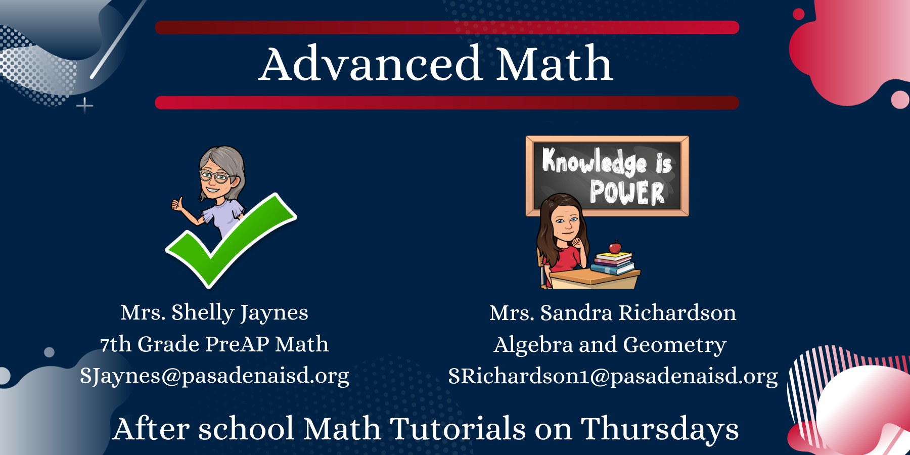 Advanced Math teachers with pictures, names, and contact information