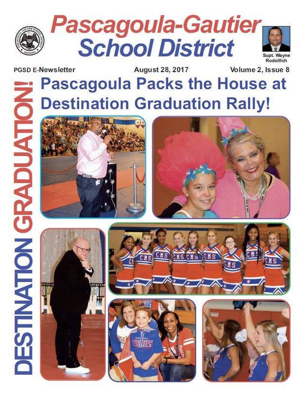 E newsletter of Pascagoula Community Pep Rally. Pictures include Stewart Smirthwaite, Anthony Herbert, PHS Cheerleaders, Shirley Hunter, and students