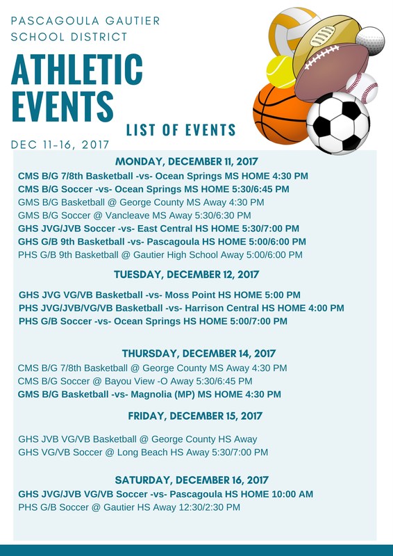 Athletic Events for Week of December 11, 2017