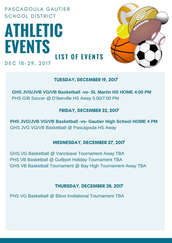 Athletic Events for Weeks of Dec. 18 - 30, 2017