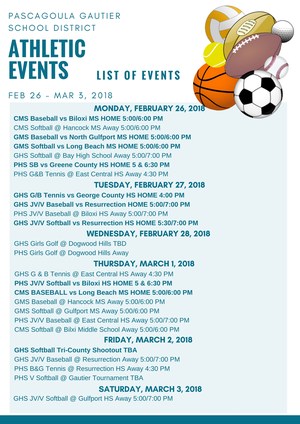 Athletic Events for Week of February 26, 2018