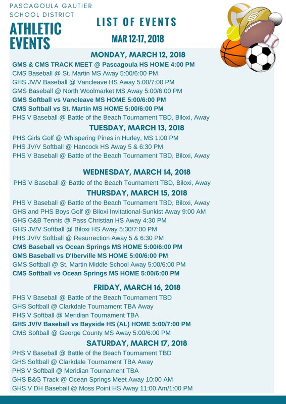 Athletic Events for Week of March 5-10, 2018
