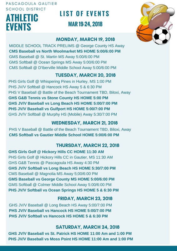 Athletic Events for Week of March 19-24, 2018