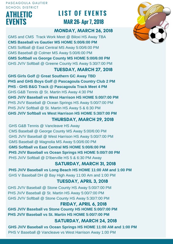 Athletic Events for Weeks March 26 - April 7