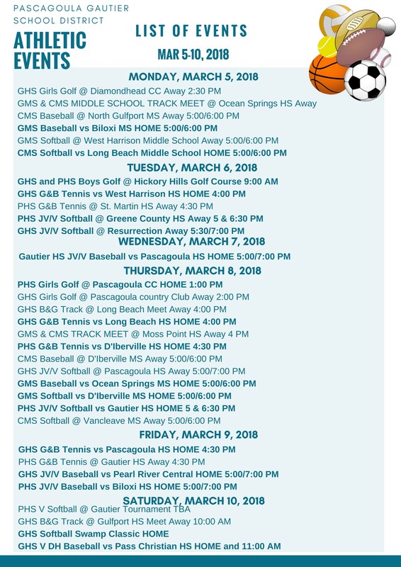 Athletic Events for Week of March 5-10, 2018