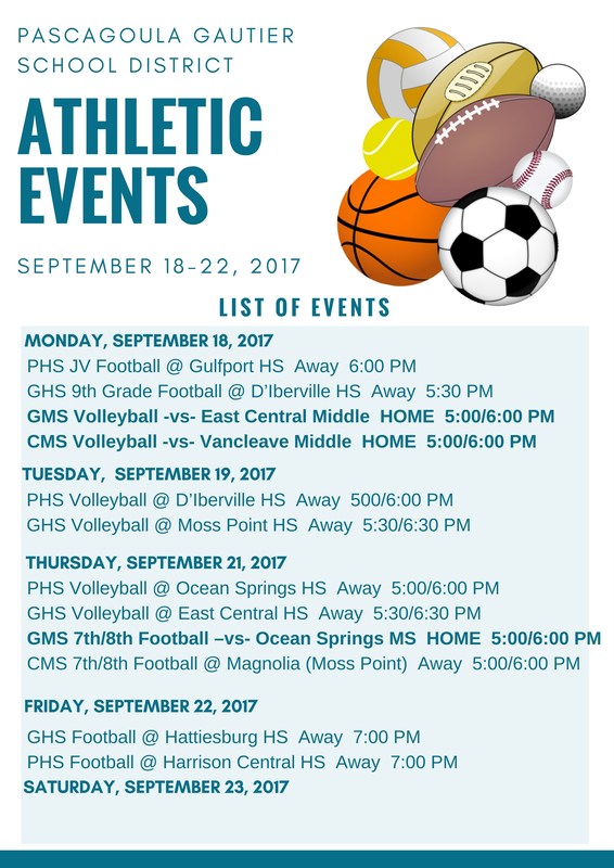 Athletic Events for Week of Sept. 18 - 23, 2017