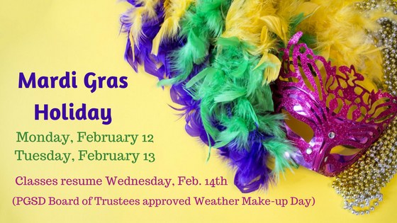 No School Monday, February 12 - Tuesday, February 13, 2018. Classes resume Wednesday, February 14th.