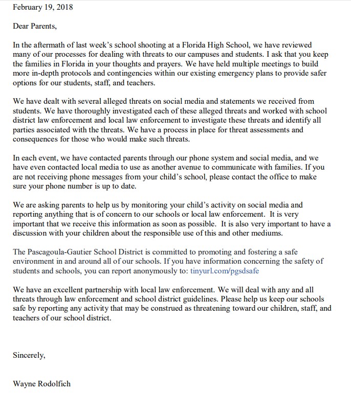 Picture of letter from Superintendent