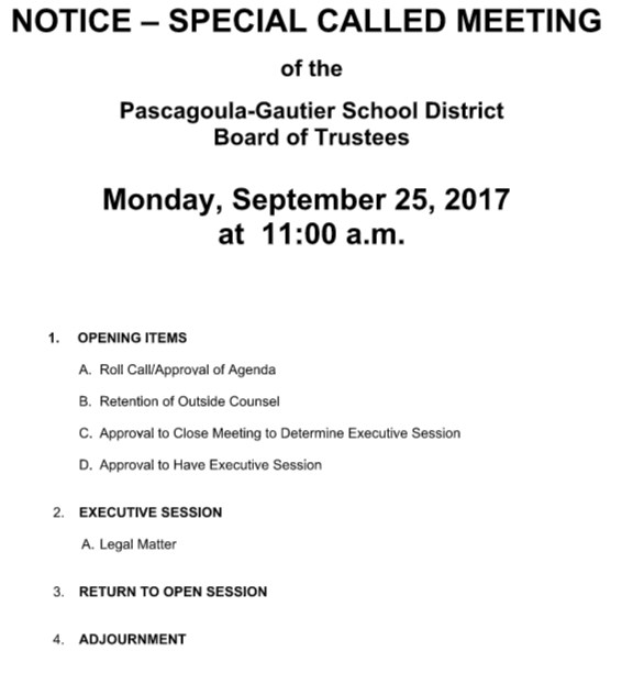 Special School Board Meeting Called for September 25, 2017 at 11:00 am
