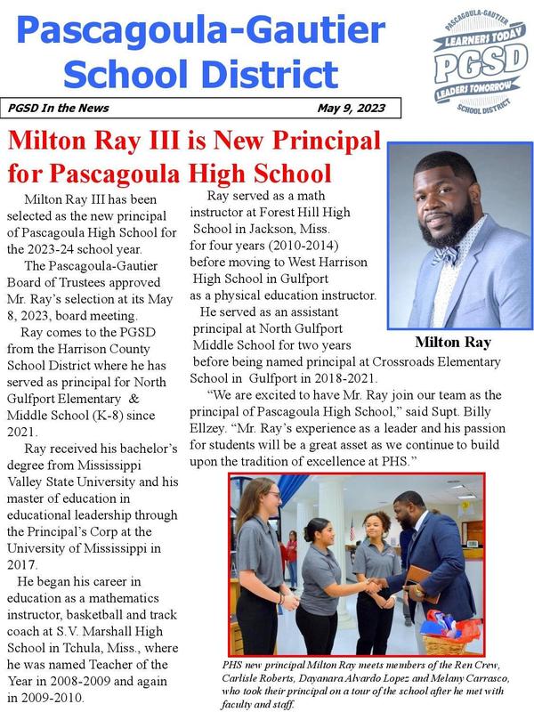 Milton Ray III Selected as Pasagoula High School Principal for the 23-24 School Year