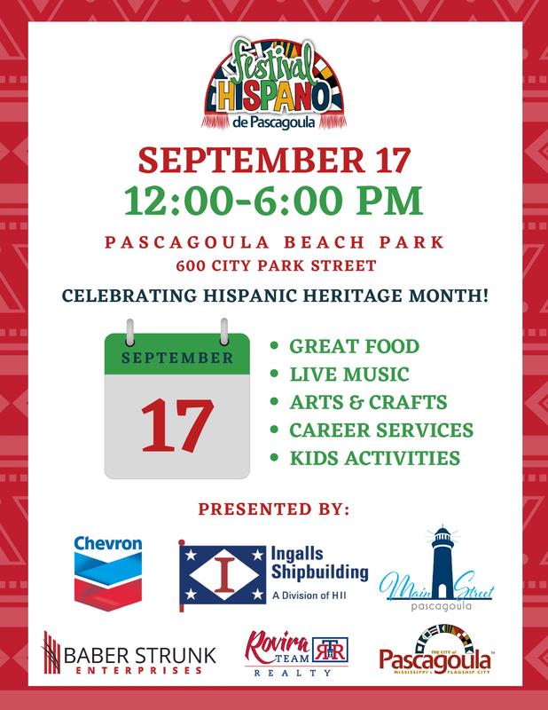 Come out Pascagoula Beach Park on Saturday, September 17, 2022 from 12:00 - 6:00 pm to celebrate Hispanic Heritage Month. There will be lots of fun with live music, food, arts & crafts and activities for kids.