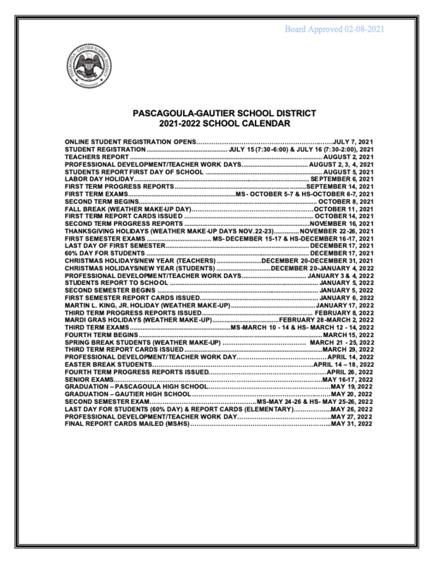 2021-2022 school calendar