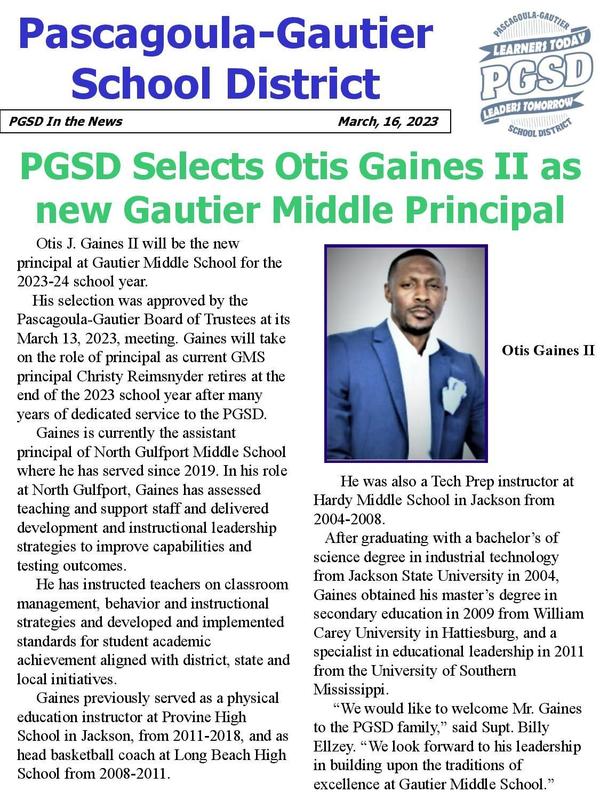 Otis Gaines II Named as Gautier Middle School Principal for 2023-2024