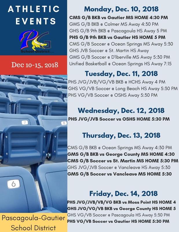 Athletic Events for Week of December 10-15, 2018