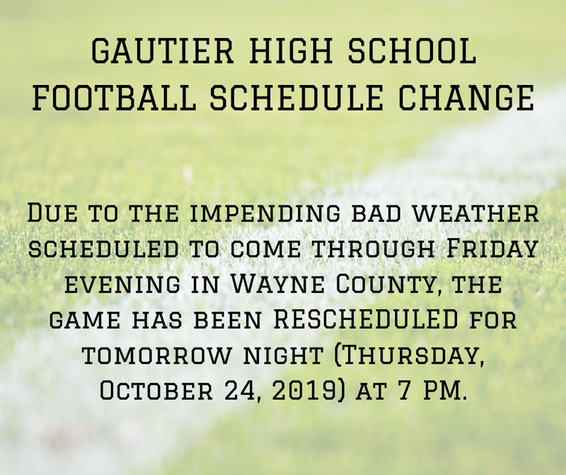 Due to the impending bad weather scheduled to come through Friday evening in Wayne County, the game has been rescheduled for tonight, Thursday, October 24, 2019 at 7 pm.