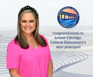 Arinne Athridge smiles in front of a background of a drone photo of the Pascagoula River and bridge