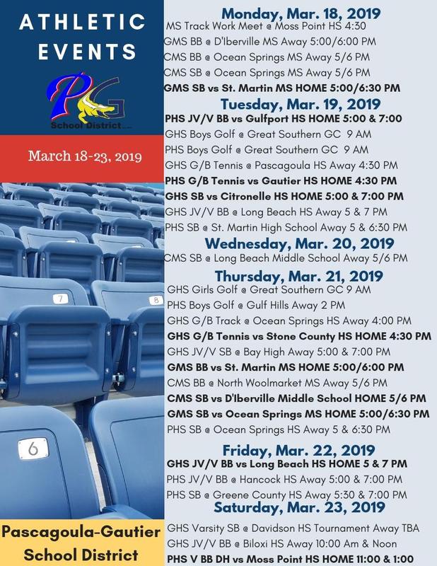 Athletic Events for Week of March 18, 2019