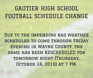 Due to the impending bad weather scheduled to come through Friday evening in Wayne County, the game has been rescheduled for tonight, Thursday, October 24, 2019 at 7 pm.