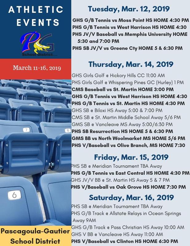 Athletic Events for Week of March 12-16, 2019